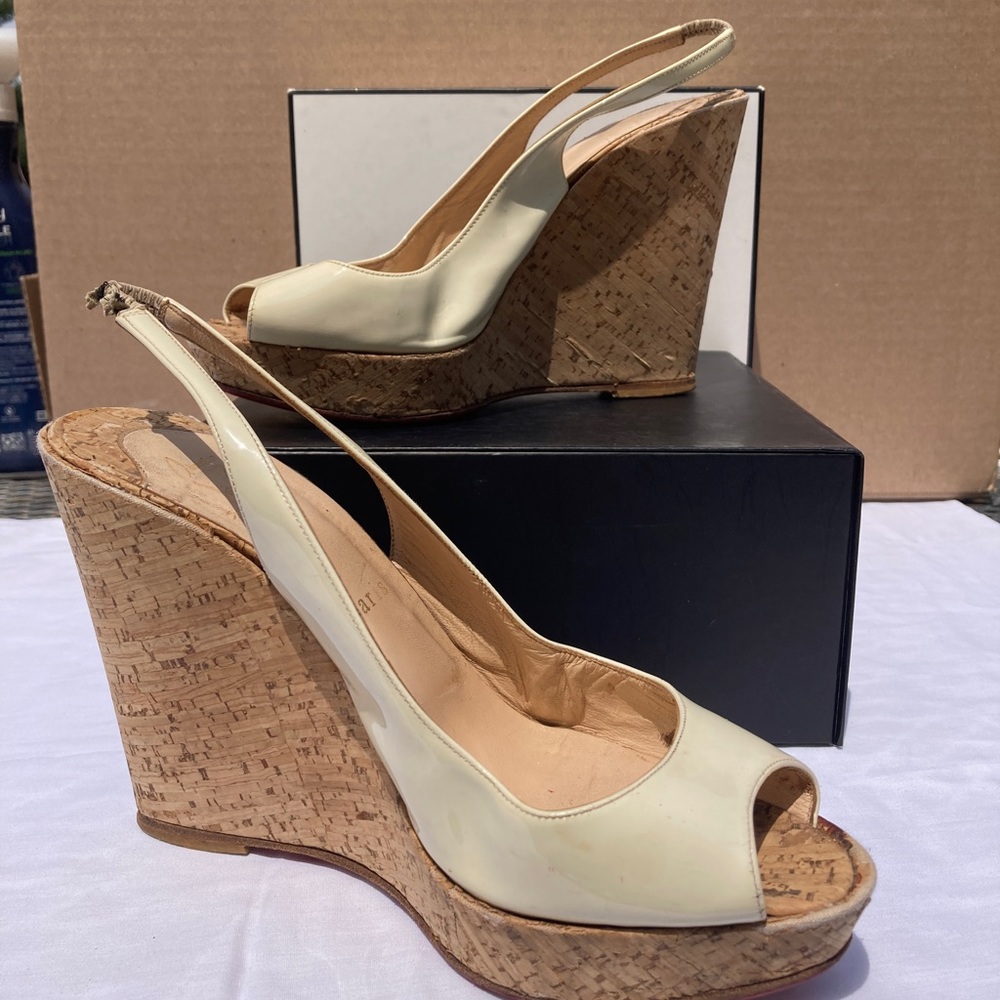 Christian Louboutin Ivory Peep-Toe Cork Wedge Slingbacks